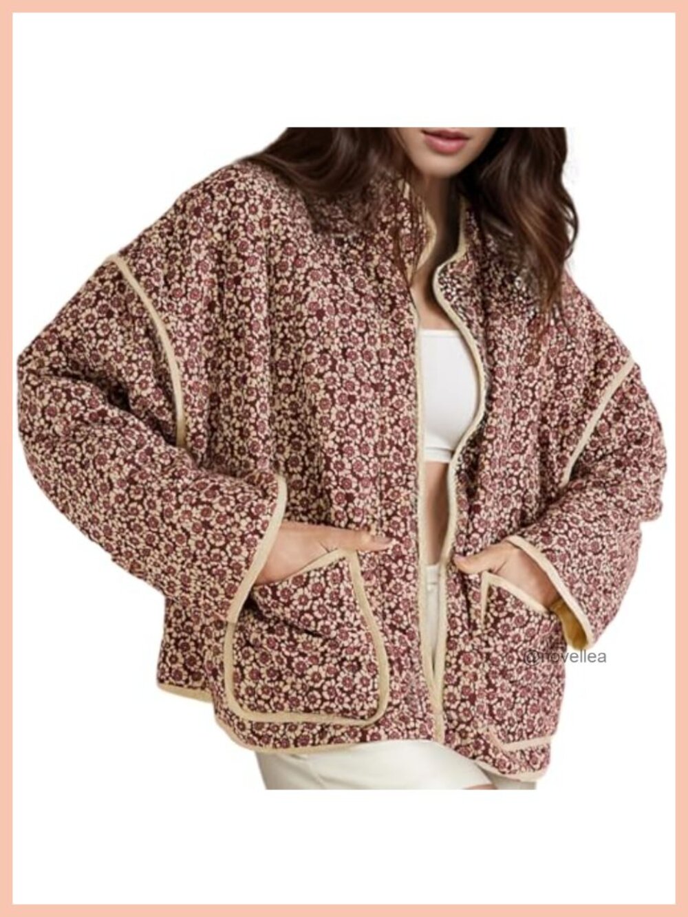 Women's Cropped Quilted Floral Puffer Jacket Open Front Lightweight